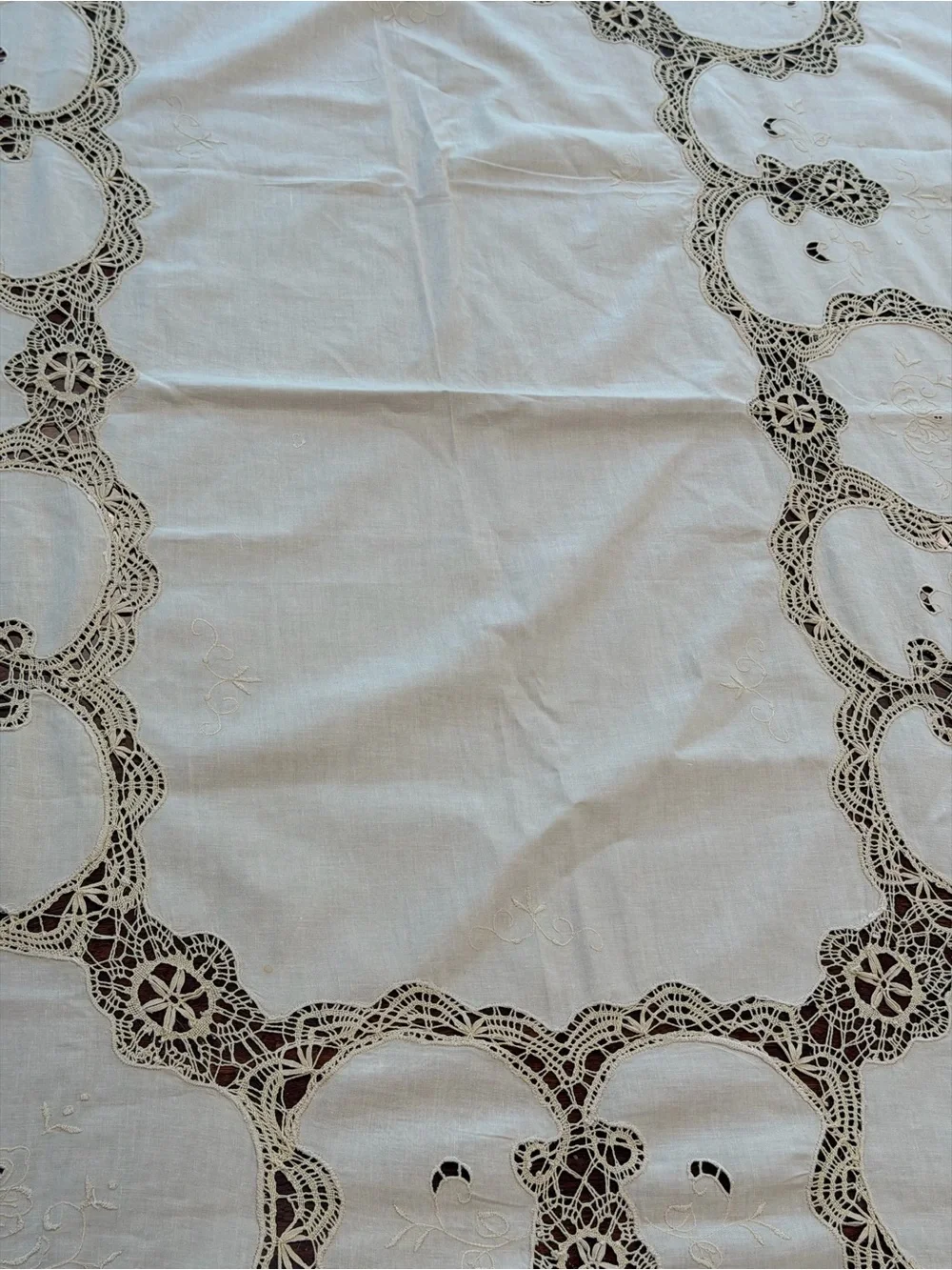 Vintage cotton linen cutwork battenburg lace formal tablecloth 84”x66” Victorian